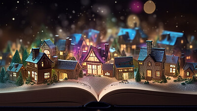 Buy stock photo Magic, fantasy and education with book and village for buildings, imagination and banner. Ai generated, inspiration and learning with fairytale literature for magical, education and storytelling