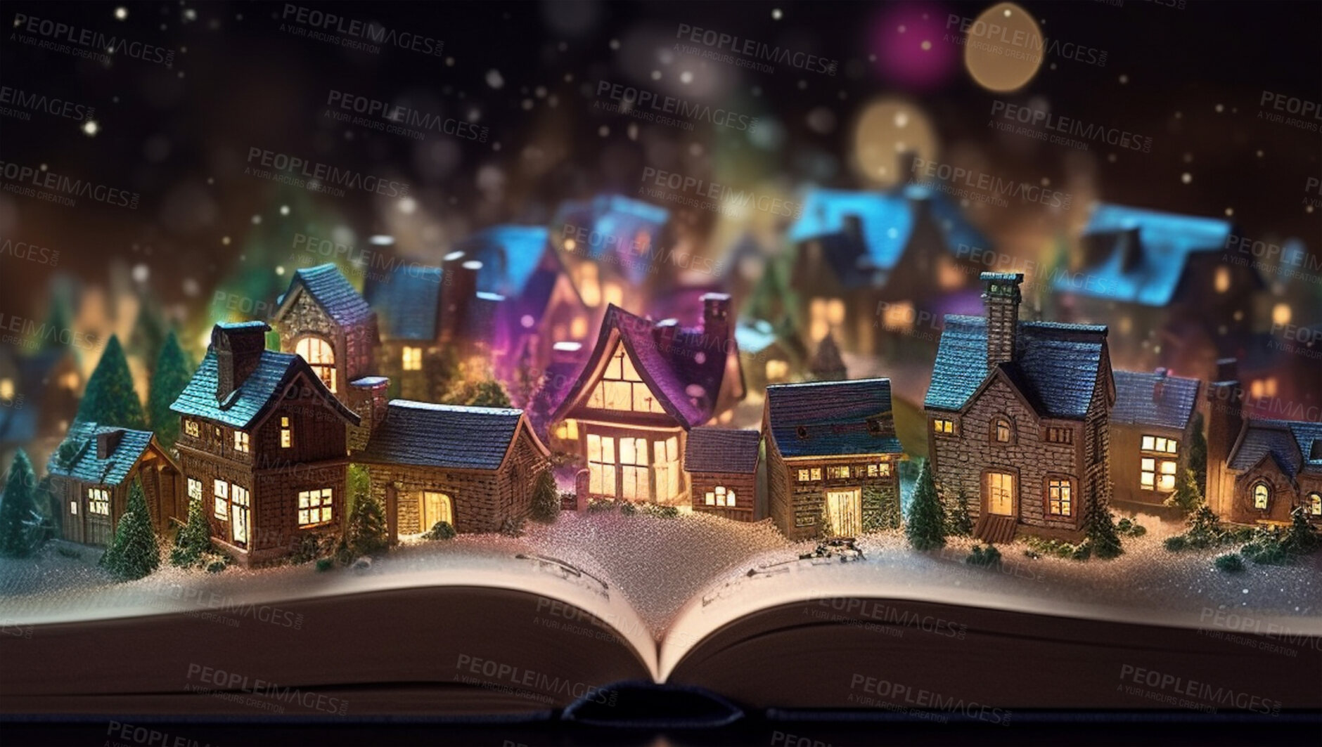 Buy stock photo Magic, fantasy and education with book and village for buildings, imagination and banner. Ai generated, inspiration and learning with fairytale literature for magical, education and storytelling