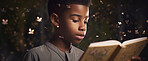 Fantasy, book and storytelling with black kid and reading for fairytale, imagination and learning. Ai generated, inspiration and banner with young boy and study for youth, night and child development