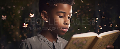 Buy stock photo Fantasy, book and storytelling with black kid and reading for fairytale, imagination and learning. Ai generated, inspiration and banner with young boy and study for youth, night and child development