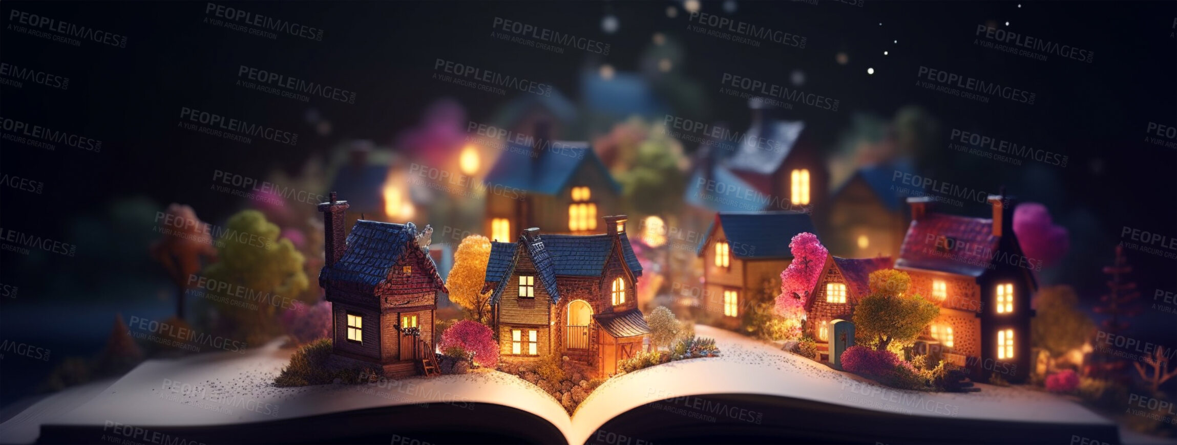 Buy stock photo Magic, fantasy and buildings with book and village for fairytale, imagination and banner. Ai generated, inspiration and learning with education literature for magical, education and storytelling