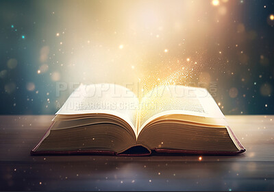 Buy stock photo Learning, fantasy and spiritual with book and light on table for fairytale, imagination and night. Ai generated, inspiration and magic with literature and beam for magical, education and hope