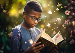 Fantasy, book and education with boy and reading for fairytale, imagination and learning. Ai generated, inspiration and flowers with black kid and study for literature, knowledge or child development