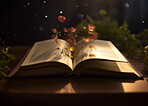 Education, fantasy and growth with book and plant on table for fairytale, imagination and night. Ai generated, inspiration and magic with literature and flowers for magical, learning and development