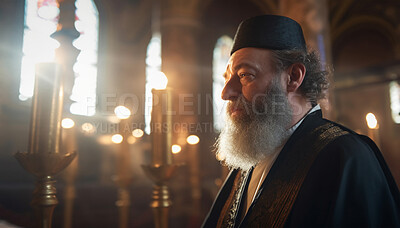 Buy stock photo Prayer, jewish and leadership with old man in synagogue for worship, holy and spirituality. Praying, ai generated and connection with rabbi and traditions for faith, mindfulness and orthodox
