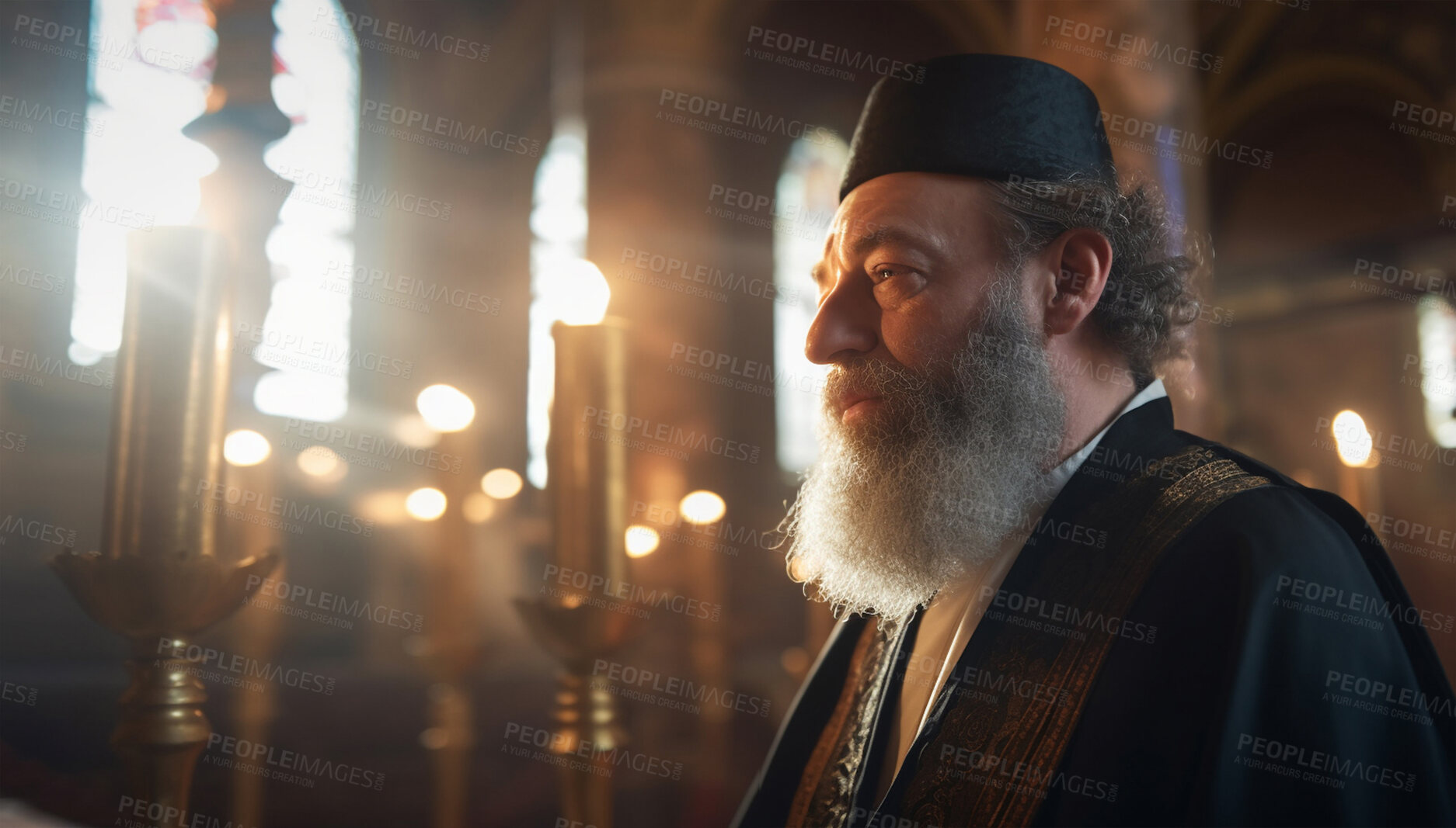 Buy stock photo Prayer, jewish and leadership with old man in synagogue for worship, holy and spirituality. Praying, ai generated and connection with rabbi and traditions for faith, mindfulness and orthodox