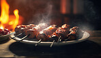 Food, kitchen and fine dining with meat kebab in restaurant for health, hospitality and nutrition. Menu, diet and ai generated with closeup of middle eastern cuisine for dinner, cooking and retail