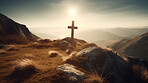 Christian cross, mountain and holy light on hill, landscape or nature for the resurrection of Jesus on cliff outdoors. AI generated crucifixion of faith, religion or god symbol for worship in sunrise