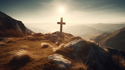 Buy stock photo Christian cross, mountain and holy light on hill, landscape or nature for the resurrection of Jesus on cliff outdoors. AI generated crucifixion of faith, religion or god symbol for worship in sunrise