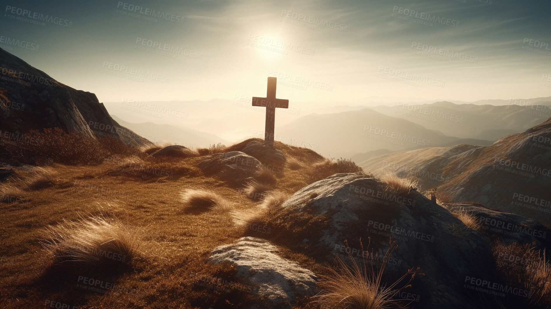 Buy stock photo Christian cross, mountain and holy light on hill, landscape or nature for the resurrection of Jesus on cliff outdoors. AI generated crucifixion of faith, religion or god symbol for worship in sunrise