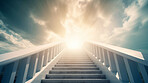 Stairs, steps and way to heaven for faith, religion and God in spiritual passage, architecture and blue sky paradise. Ai generated, staircase and sunlight step for Catholic and Christian afterlife