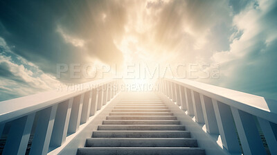 Buy stock photo Stairs, steps and way to heaven for faith, religion and God in spiritual passage, architecture and blue sky paradise. Ai generated, staircase and sunlight step for Catholic and Christian afterlife