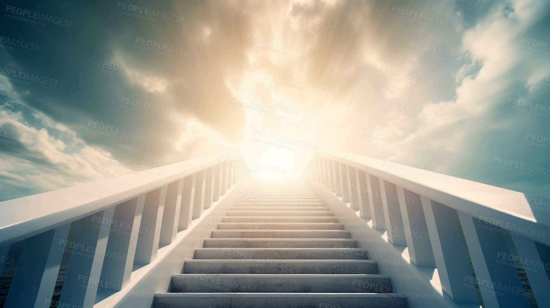 Buy stock photo Stairs, steps and way to heaven for faith, religion and God in spiritual passage, architecture and blue sky paradise. Ai generated, staircase and sunlight step for Catholic and Christian afterlife