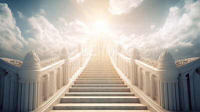 Buy stock photo Staircase, steps and way to heaven for religion, faith and God in spiritual passage, architecture and blue sky paradise. Ai generated, stairs and sunlight step for Catholic and Christian afterlife