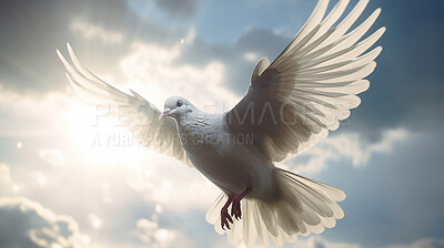 Buy stock photo Closeup, dove and flying bird for heaven, peace and calm in faith, religion and spiritual God on blue sky background. Ai generated, birds and animal for hope, Christian and holy Catholic symbol