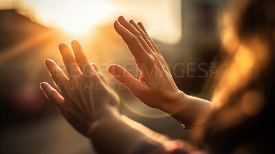 Buy stock photo Closeup, arms and hands raised for prayer, worship and spirituality at sunrise for Catholic, religion and God. Ai generated, people and Christians in thank you, praise and spiritual community sunset