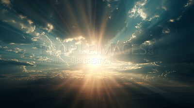 Buy stock photo Sun rays, light and background with heaven space, mockup and sunlight effect for Catholic, faith and God religion. Ai generated, bright and sky flare for Christian mock up, spirituality and hope