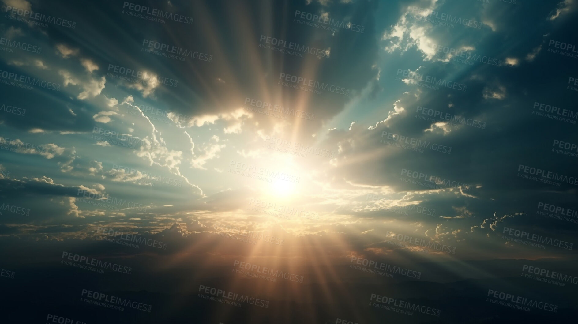 Buy stock photo Sun rays, light and background with heaven space, mockup and sunlight effect for Catholic, faith and God religion. Ai generated, bright and sky flare for Christian mock up, spirituality and hope