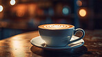 Closeup, flat white or drink on coffee shop, cafe and restaurant table for weekend, break or rest with winter hot drink. Ai generated, cup or mug with warm liquid, beverage and espresso drinks mockup