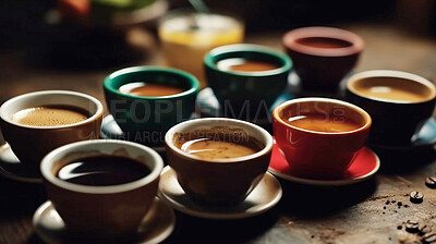 Buy stock photo Closeup, espresso and coffee cups group in cafe and restaurant for weekend, break and rest with winter hot drink. Ai generated, cup and mug with warm liquid and beverage for morning routine