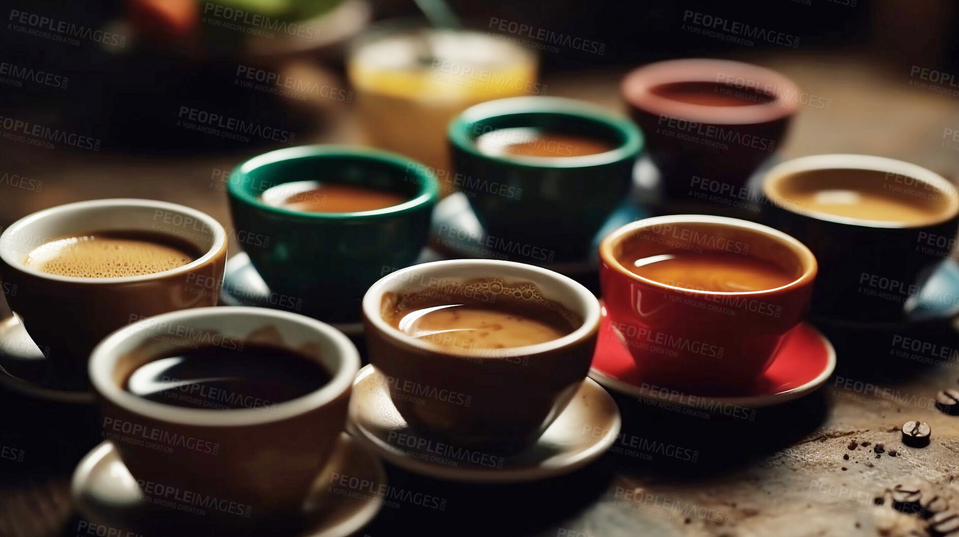 Buy stock photo Closeup, espresso and coffee cups group in cafe and restaurant for weekend, break and rest with winter hot drink. Ai generated, cup and mug with warm liquid and beverage for morning routine