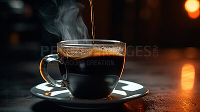 Buy stock photo Closeup, americano and drink on coffee shop, cafe and restaurant table for weekend, break and rest with winter hot drink. Ai generated, cup or mug with warm liquid, beverage and espresso drinks mockup