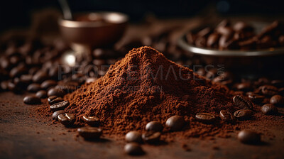 Buy stock photo Closeup, powder and ground coffee in cafe and restaurant for service industry, local small business and drinks brew. Ai generated, espresso grind and caffeine beans on table, countertop and desk