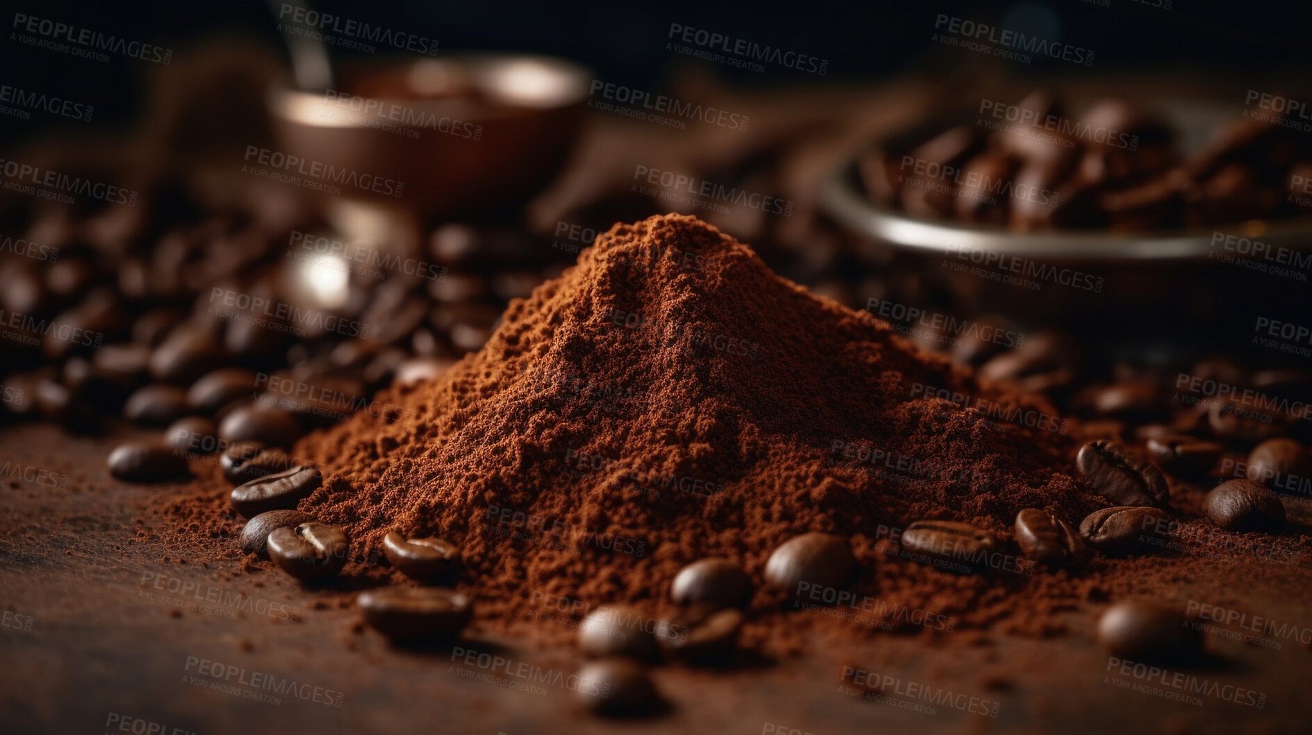 Buy stock photo Closeup, powder and ground coffee in cafe and restaurant for service industry, local small business and drinks brew. Ai generated, espresso grind and caffeine beans on table, countertop and desk