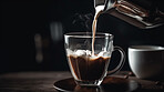 Closeup, pouring and black coffee on cafe table and restaurant countertop for weekend, break and rest with winter hot drink. Ai generated, cup and mug with warm liquid, beverage and americano drinks