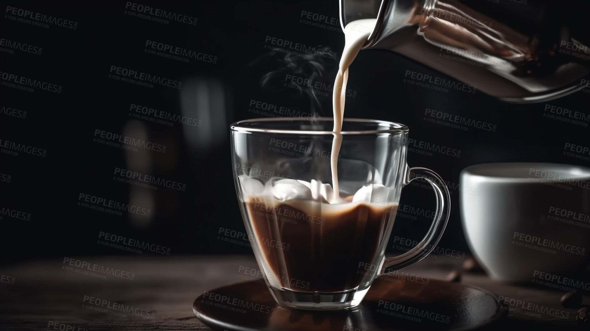 Buy stock photo Closeup, pouring and black coffee on cafe table and restaurant countertop for weekend, break and rest with winter hot drink. Ai generated, cup and mug with warm liquid, beverage and americano drinks