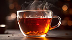 Closeup, steaming and tea in coffee shop, cafe and restaurant for weekend, break and rest with winter hot drink. Ai generated, cup and mug with warm liquid, beverage and organic drink mock up