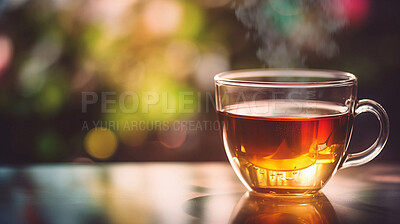 Closeup, ceylon and tea in coffee shop, cafe and restaurant for weekend, break and rest with winter hot drink. Ai generated, cup and mug with warm liquid, beverage and organic drink mock up