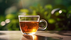 Closeup, gingseng and tea in coffee shop, cafe and restaurant for weekend, break and rest with winter hot drink. Ai generated, cup and mug with warm liquid, beverage and organic drink mock up