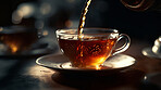 Closeup, pouring and herbal tea in coffee shop, cafe and restaurant for weekend, break and rest with winter hot drink. Ai generated, cup and mug with warm liquid, beverage and organic drinks