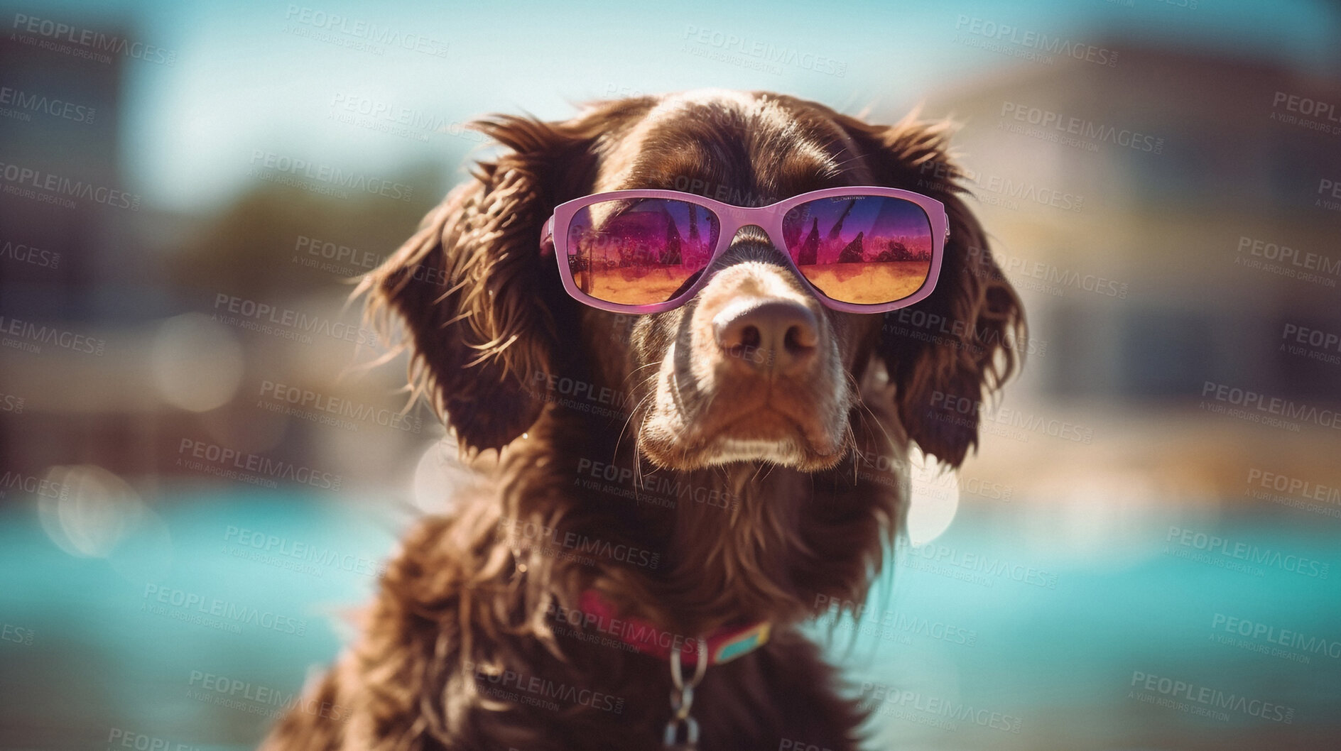 Buy stock photo Sunset, sunglasses and travel with dog at beach for relaxing, summer trip and vacation. Holiday, shade and protection with portrait of pet puppy on coastline for tourism, ai generated or adventure