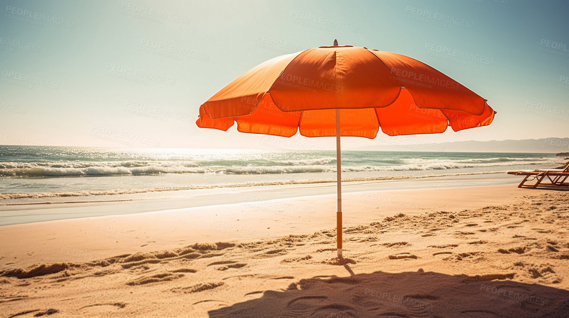 Buy stock photo Sunset, shadow and travel with umbrella at beach for relaxing, summer trip and vacation. Holiday, shade and calm with parasol in sand on coastline for tourism, ai generated or adventure