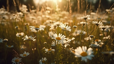 Buy stock photo Blossom, closeup and field of flowers in nature for environment, sustainability and growth. Floral, spring and meadow with summer plants in countryside for ai generated, paradise and scenery