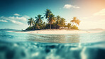 Tropical, summer and island with beach and nature for travel, vacation or palm trees. Ai generated, adventure and holiday with waves on coastline and bay for Caribbean, seaside destination or freedom