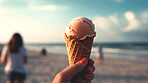 Ice cream, dessert and hand of person at beach for food, wellness and diet. Ai generated, gelato and confectionery with closeup of sorbet on coastline for eating, health and summer snack