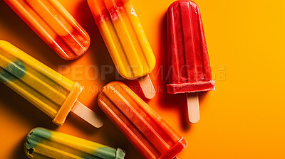 Buy stock photo Food, fruits and nutrition with popsicle on background for dessert, wellness and diet. Ai generated, gelato and snack with confectionery sorbet on flat lay for eating, health and summer