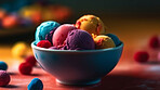 Fruit, dessert and nutrition with sorbet in kitchen for food, wellness and diet. Ai generated, gelato and snack with confectionery ice cream on table at home for eating, health and summer