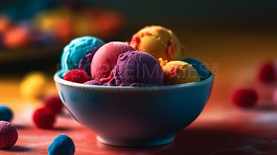 Buy stock photo Fruit, dessert and nutrition with sorbet in kitchen for food, wellness and diet. Ai generated, gelato and snack with confectionery ice cream on table at home for eating, health and summer