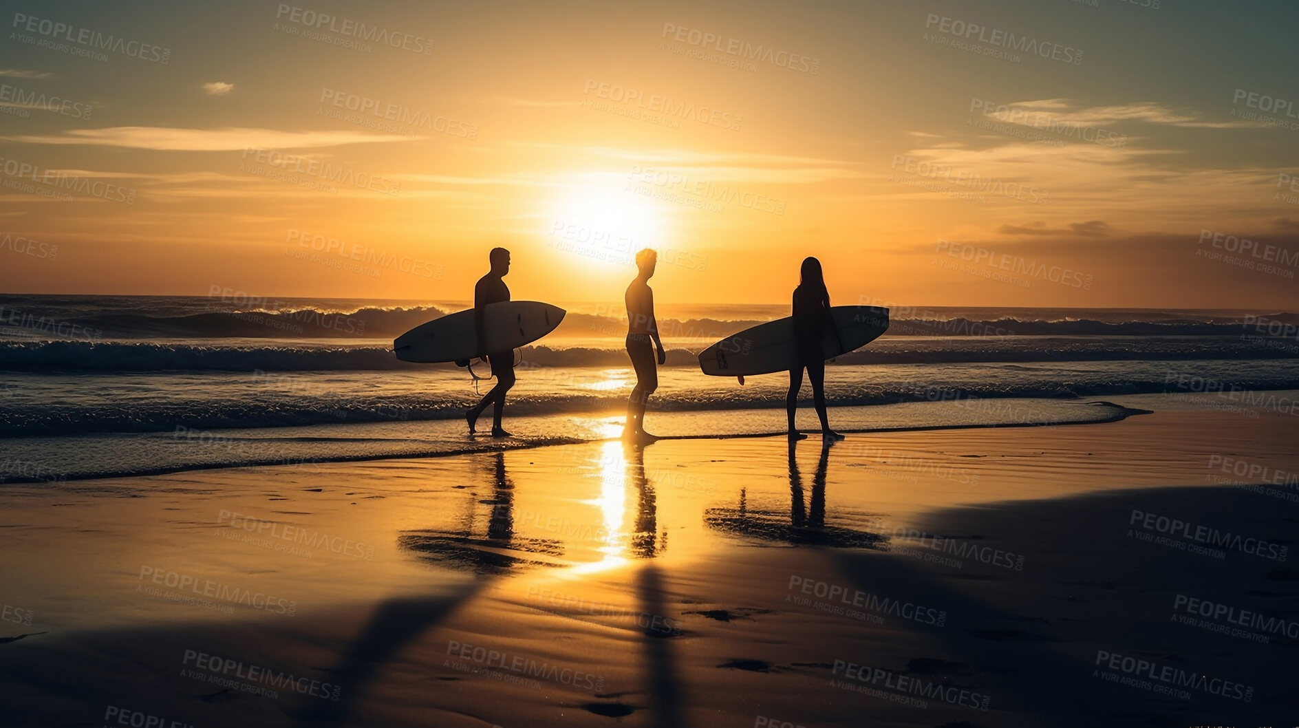 Buy stock photo Sports, sunset and surfing with friends at beach for summer, vacation and travel destination. Hobby, ai generated and silhouette with group of people and surfboard for seaside, adventure and waves