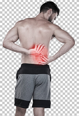 Buy stock photo Injury, back pain and hand of sports man after exercise with body, anatomy or muscle strain. Red glow, health problem or shirtless male with stress and burnout isolated on transparent, png background