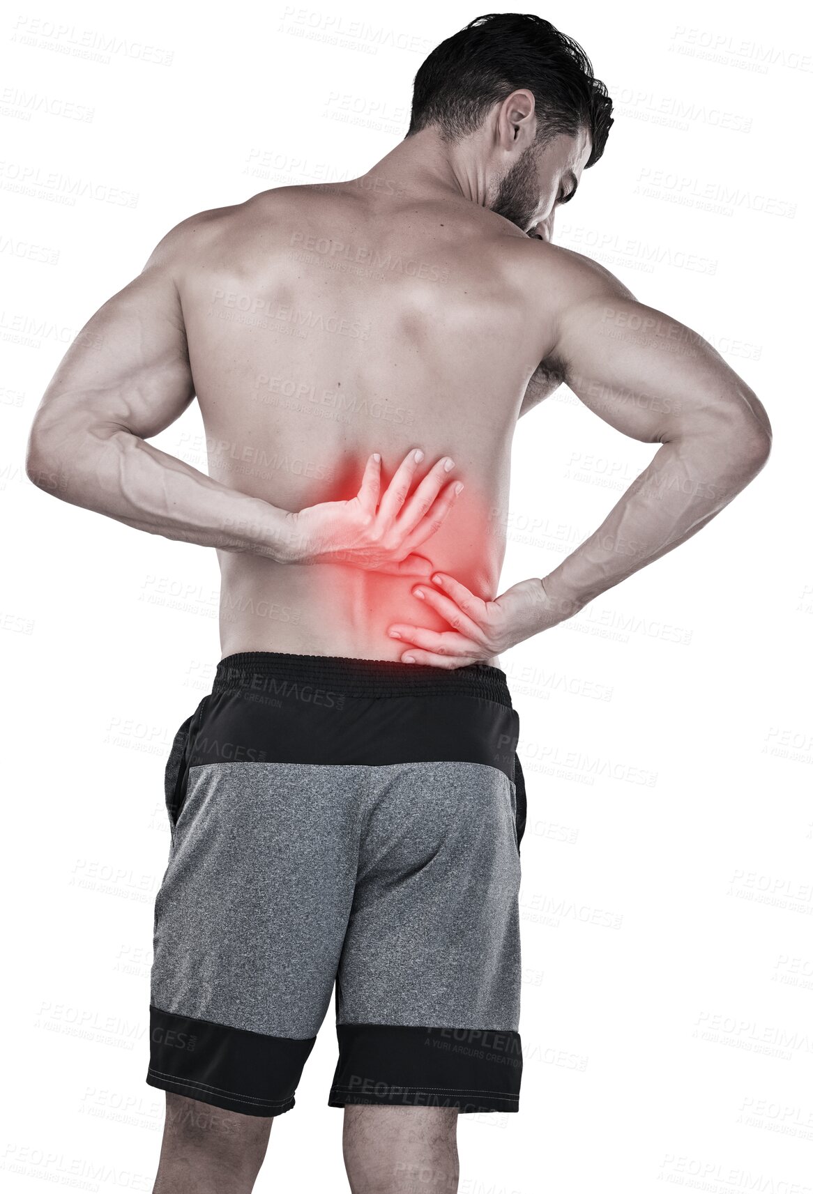 Buy stock photo Injury, back pain and hand of sports man after exercise with body, anatomy or muscle strain. Red glow, health problem or shirtless male with stress and burnout isolated on transparent, png background