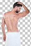 Back, cosmetics and man cleaning, wellness and body care on grey