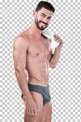 Buy stock photo Portrait, body and man with a smile, muscle and wellness isolated against a transparent background. Underwear, sexy model or sports person with fitness, health and beauty with workout, png or success