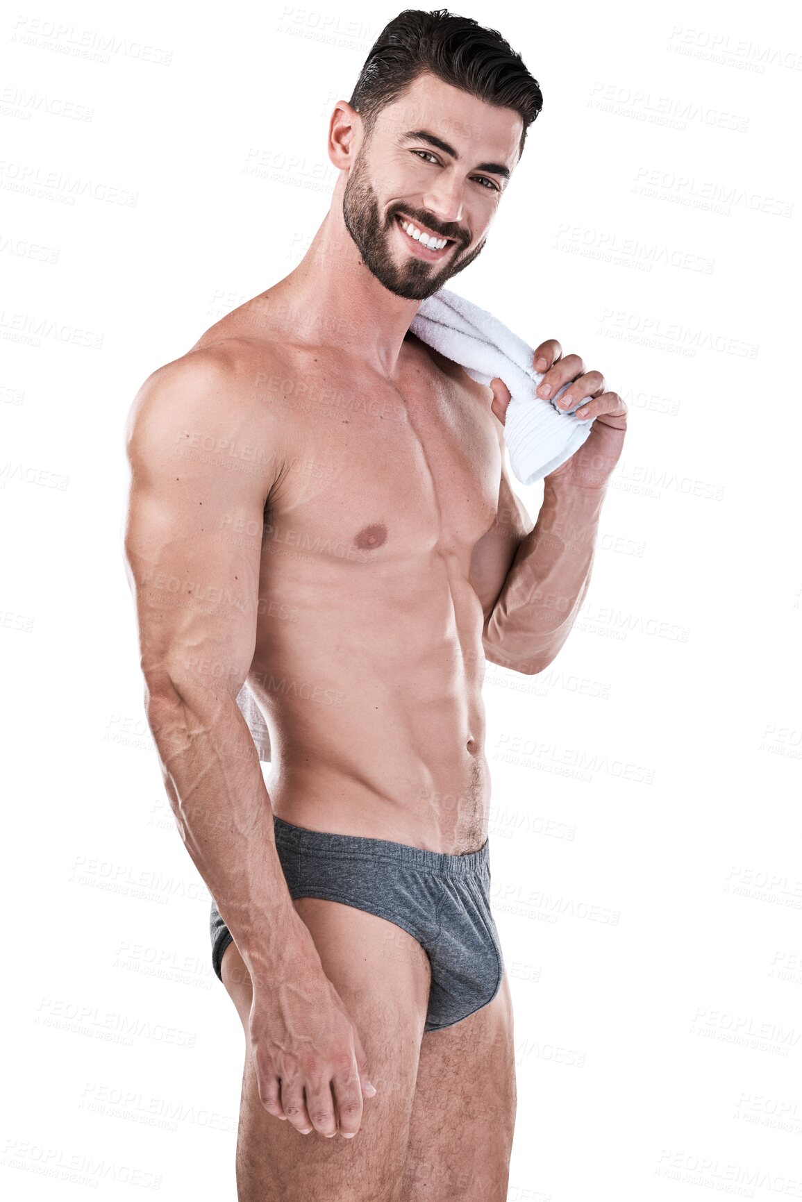 Buy stock photo Portrait, body and man with a smile, muscle and wellness isolated against a transparent background. Underwear, sexy model or sports person with fitness, health and beauty with workout, png or success