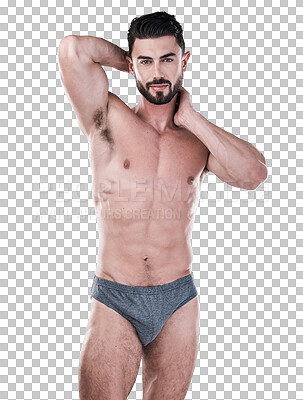 Buy stock photo Body, portrait and sexy man in underwear, muscle and strength with model isolated on a transparent png background. Healthy, male and athlete in fitness, shirtless beauty and promotion of drawers