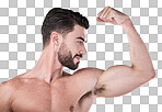 Arm muscle, strong man and body, face profile with health and fi